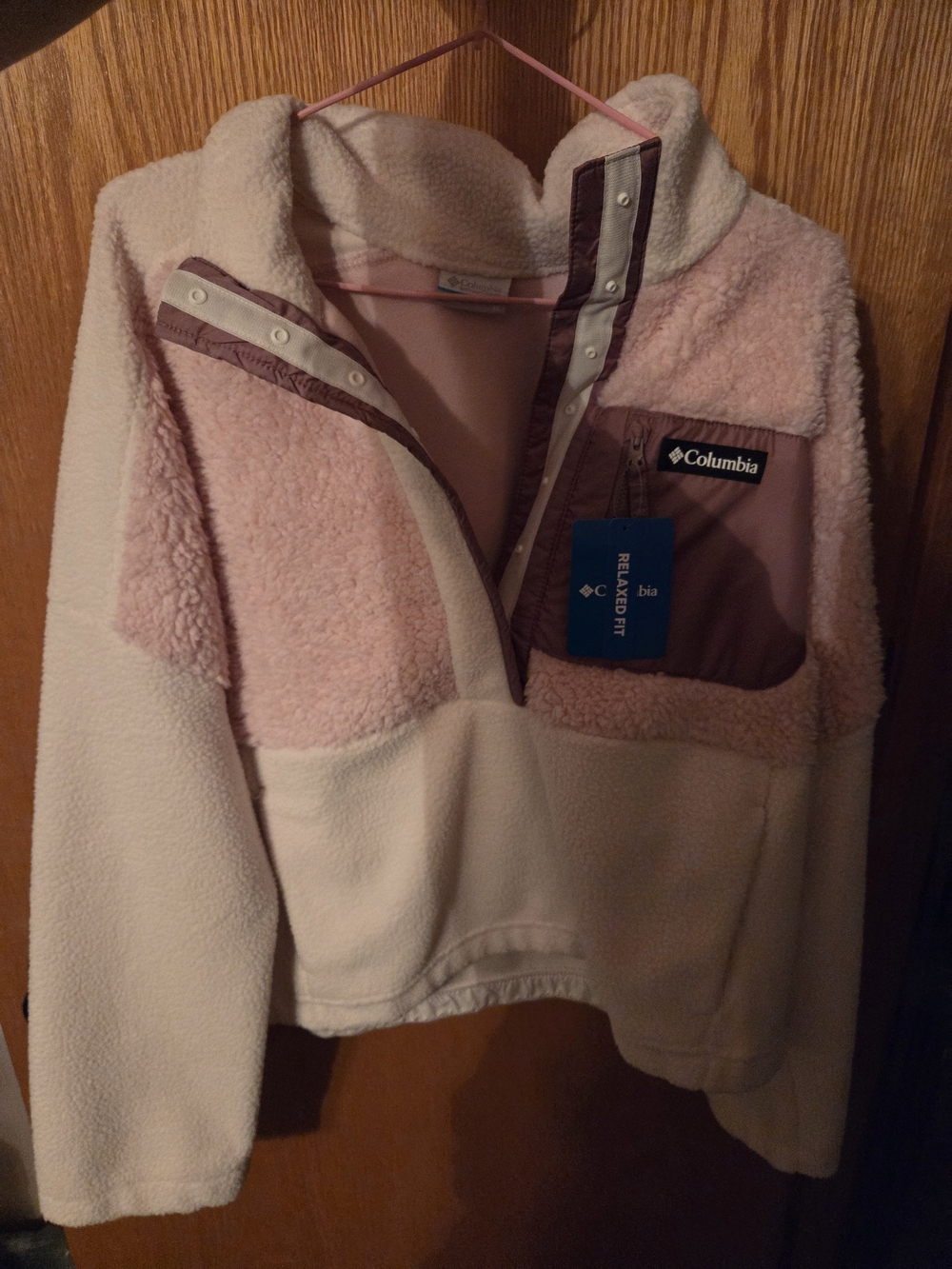 Columbia Women's Pink and Cream Sherpa Pullover with Brown Chest Pocket
